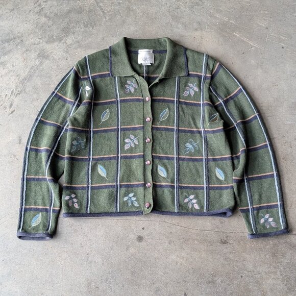 Vintage Christopher & Banks Knit Green Plaid Fall Sleeve Cardigan Sweater medium - Picture 1 of 7